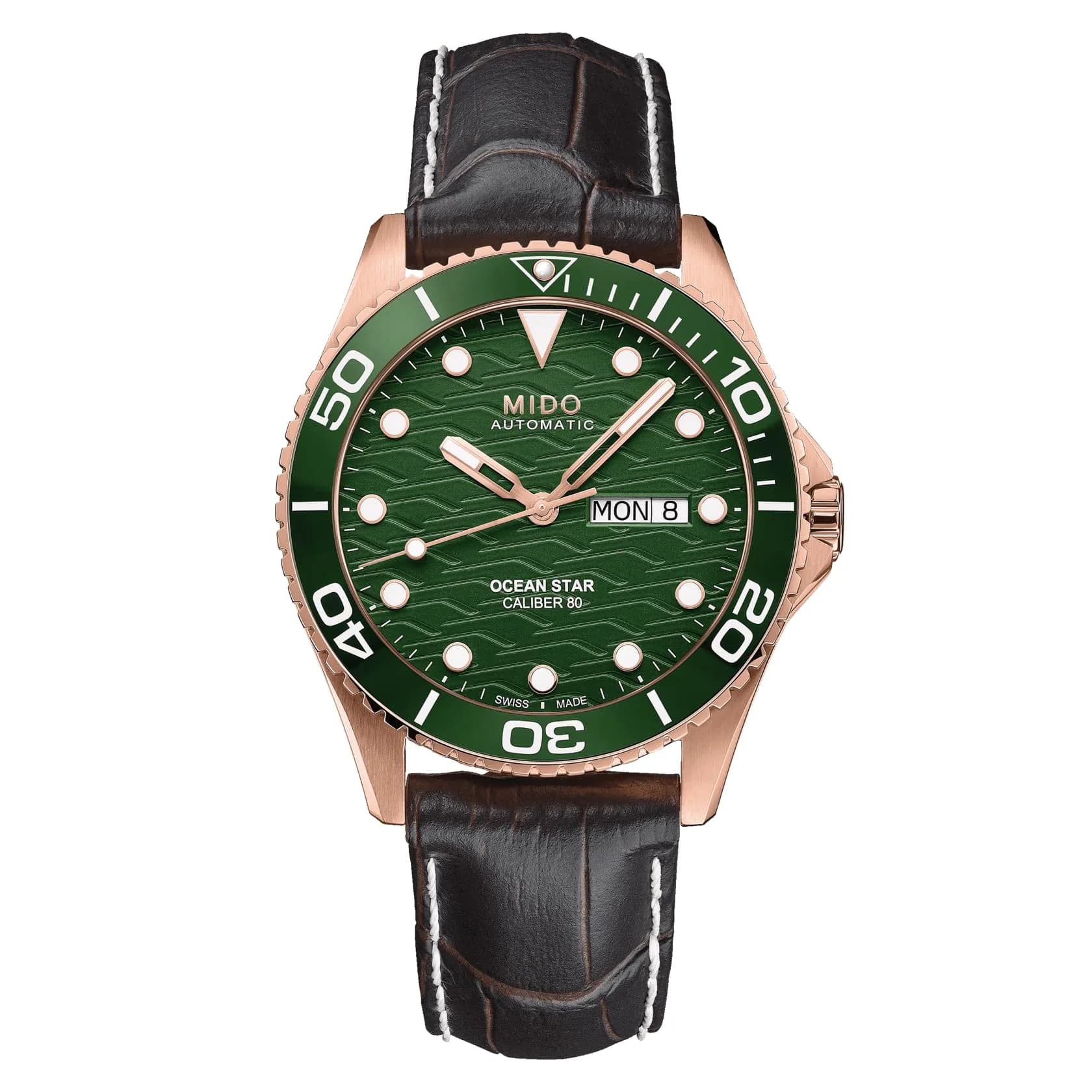 MIDO Ocean Star 200C Swiss Automatic Watch 42.5mm Green Dial Brown Leather