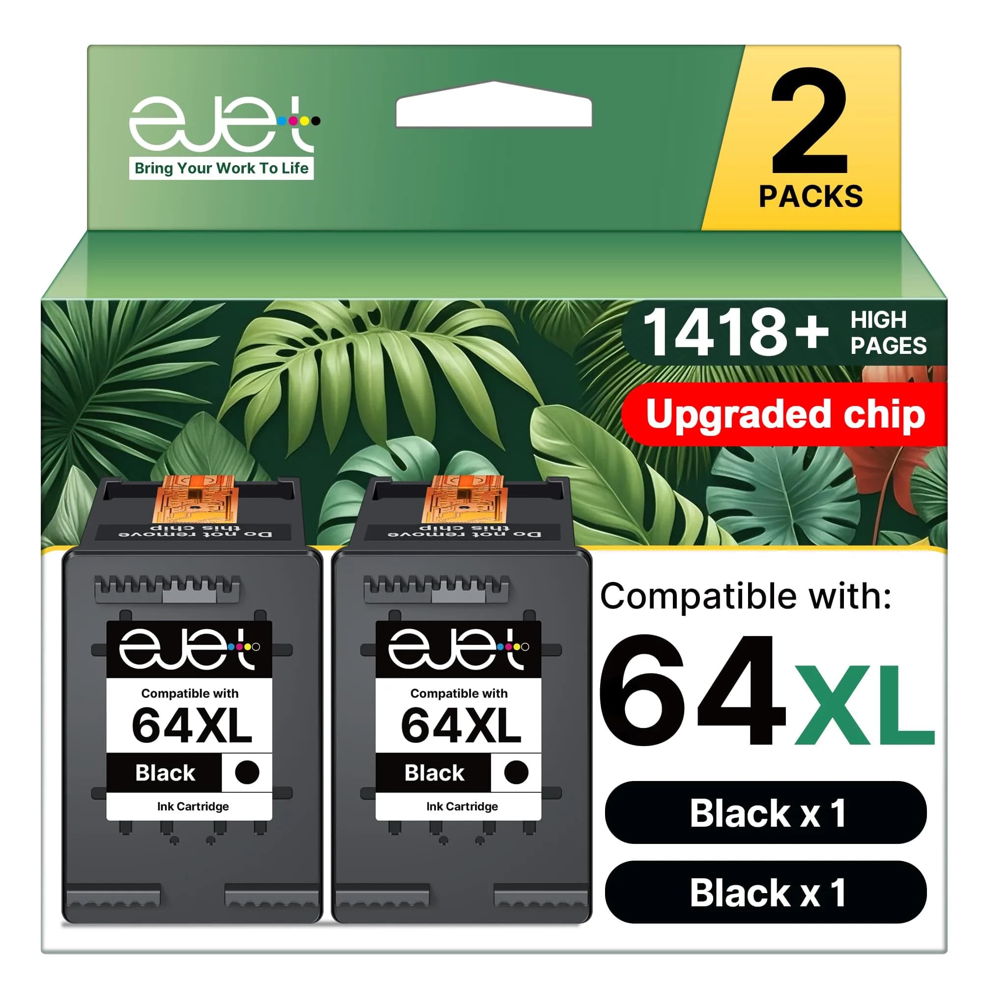 ejet 64XL Black Ink Cartridge 2 Pack | Compatible for HP Envy Photo & Inspire Series — for hp 64 black ink cartridge