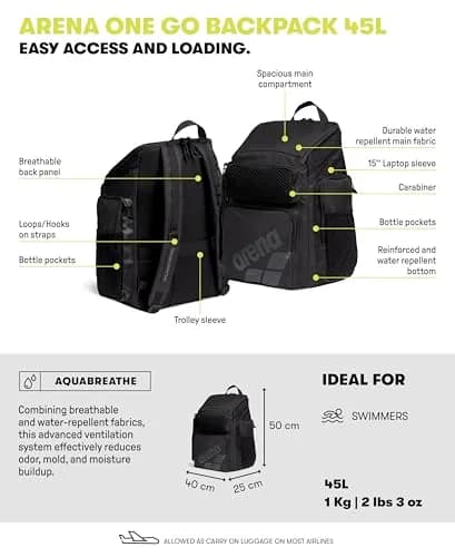 ARENA One Go Backpack Swimmers Athletes Sports Gym Rucksack 45L | Large Training Gear with Wet Management thumbnail 3