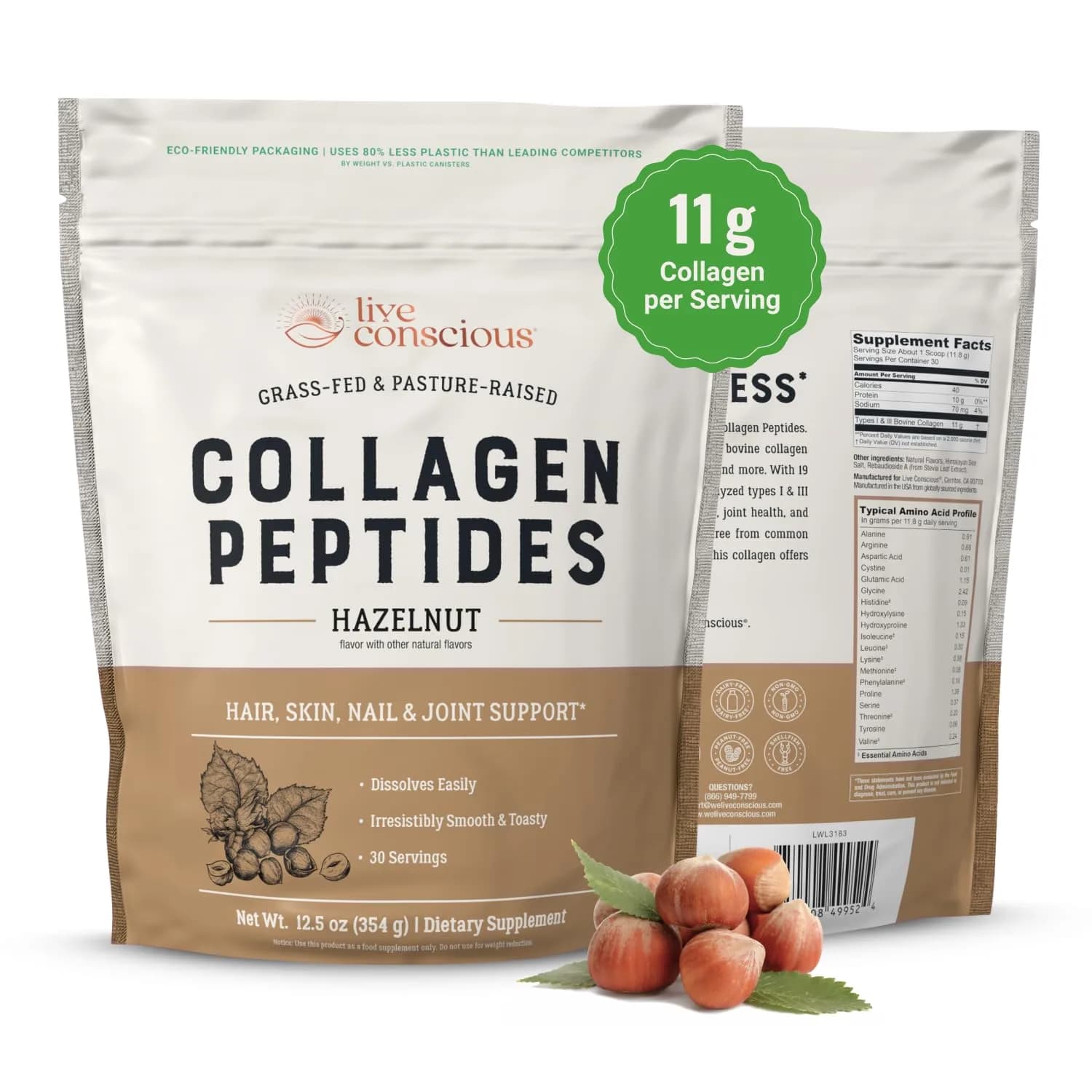 Live Conscious Collagen Peptides Powder Hazelnut Flavor 12.4oz | Hair, Skin, Nail, & Joint Support - main product image