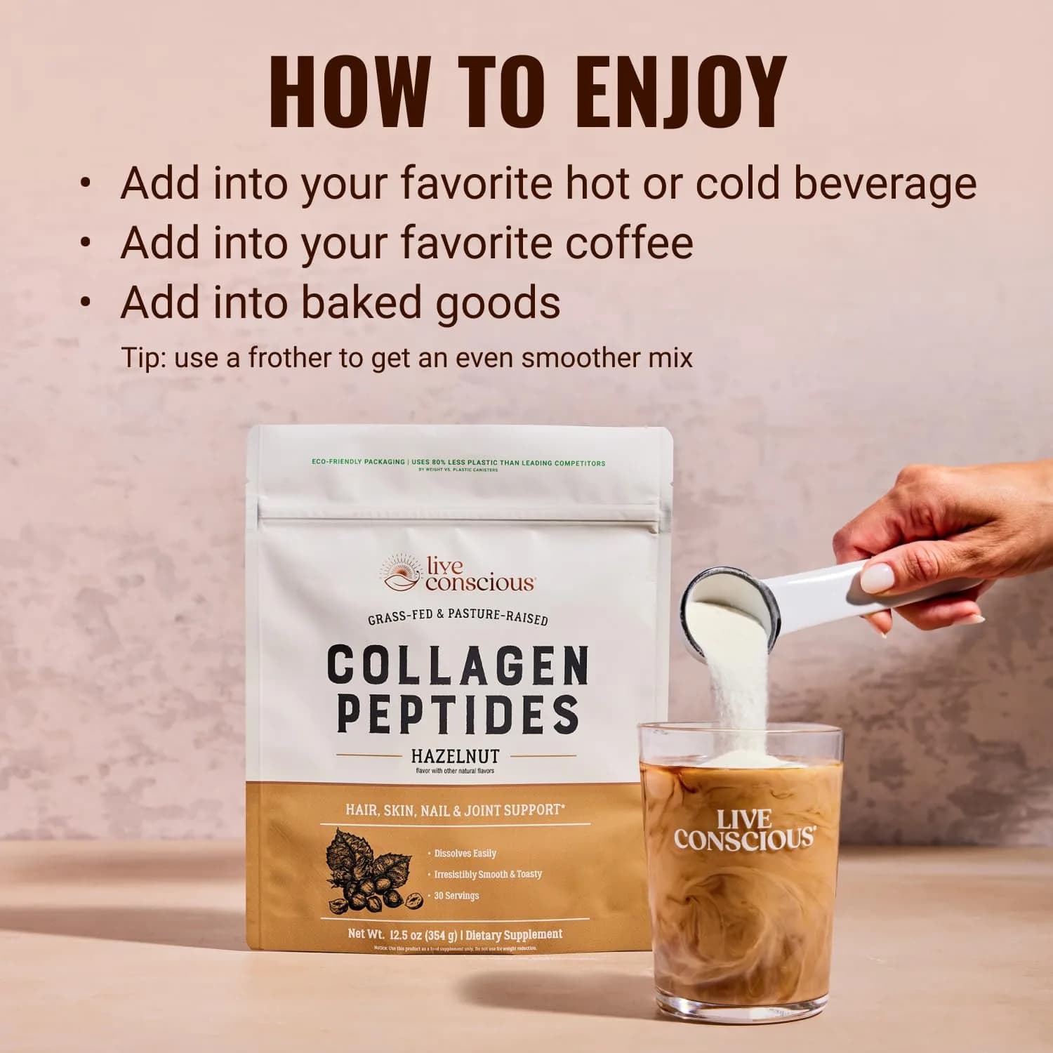 Live Conscious Collagen Peptides Powder Hazelnut 12.4oz (353g) | Type I & III Grass-Fed Bovine Protein for Skin, Hair, Nails & Joints - view 2