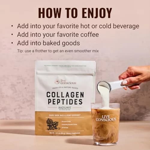 Live Conscious Collagen Peptides Powder Hazelnut 12.4oz (353g) | Type I & III Grass-Fed Bovine Protein for Skin, Hair, Nails & Joints thumbnail 2