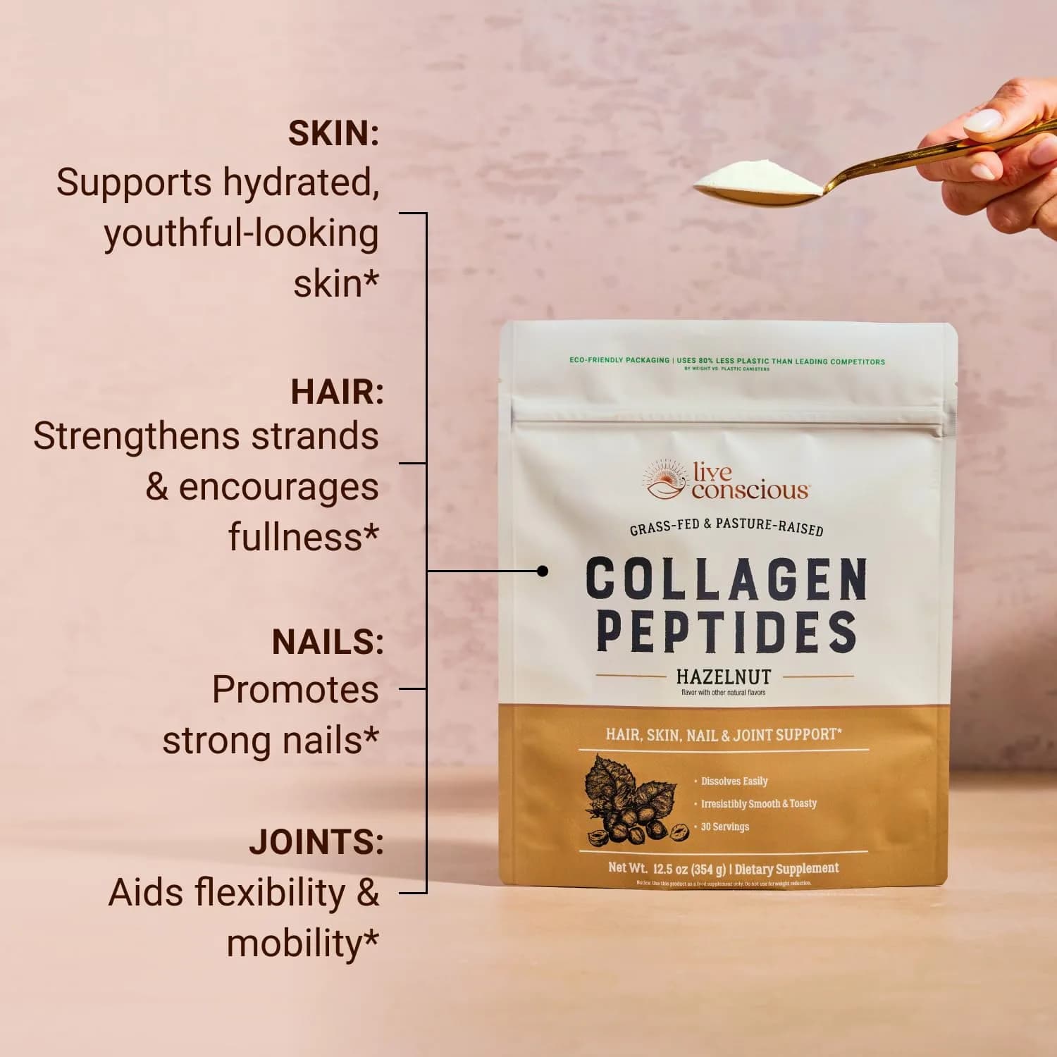 Live Conscious Collagen Peptides Powder Hazelnut 12.4oz (353g) | Type I & III Grass-Fed Bovine Protein for Skin, Hair, Nails & Joints - view 4