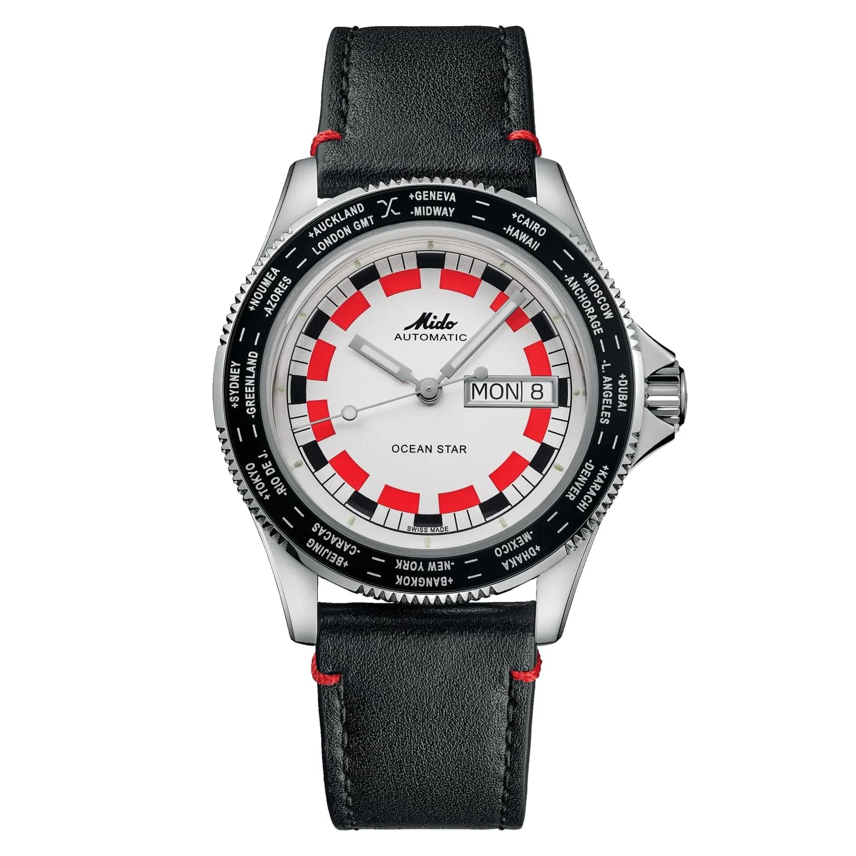 MIDO Ocean Star Worldtimer Swiss Automatic Watch for Men - 40.5mm Stainless Steel & Leather Strap - main product image