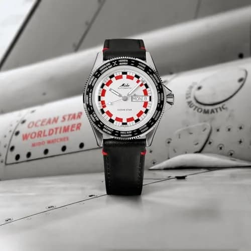 MIDO Ocean Star Worldtimer Swiss Automatic Watch for Men - 40.5mm Stainless Steel & Leather Strap thumbnail 3