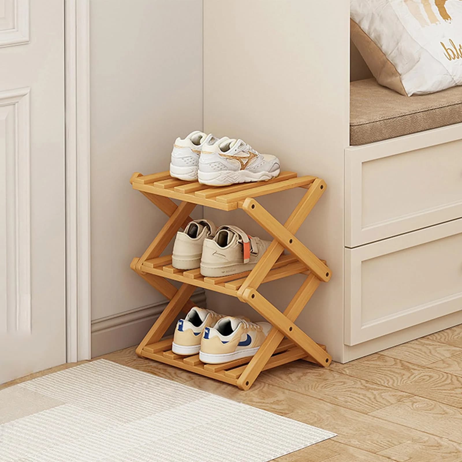 Akloya 3-Tier Folding Shoe Rack 27cm x 26cm x 39cm | Natural Bamboo, Space-Saving Design