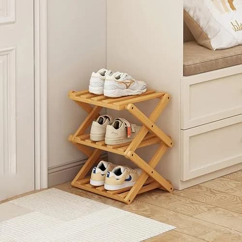 Akloya 3-Tier Folding Shoe Rack 27cm x 26cm x 39cm | Natural Bamboo, Space-Saving Design thumbnail 1