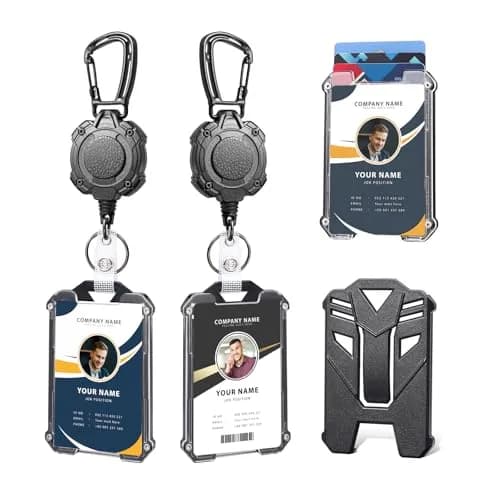 COOKOOKY Heavy Duty Retractable Badge Holder Clip with Carabiner & 2 Badge Reels, Black | 2-Pack thumbnail 1
