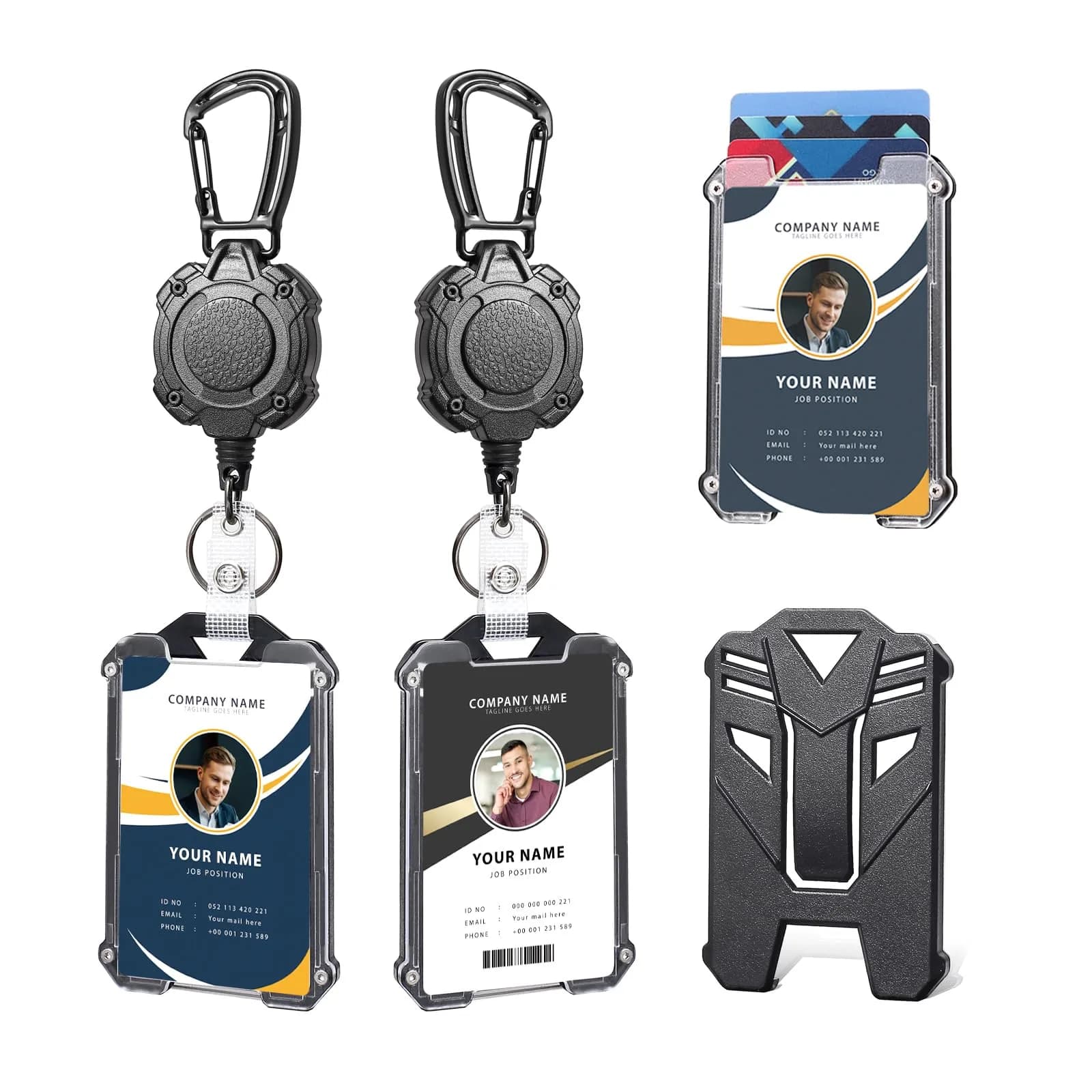 COOKOOKY Heavy Duty Retractable Badge Holder Clip with Carabiner & 2 Badge Reels, Black | 2-Pack - main product image