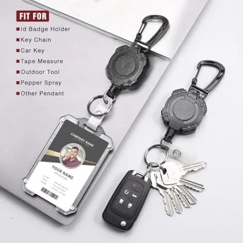 COOKOOKY Heavy Duty Retractable Badge Holder Clip with Carabiner & 2 Badge Reels, Black | 2-Pack thumbnail 2