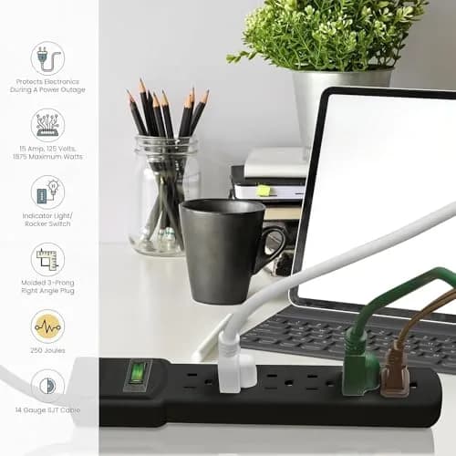 Power By GoGreen 6 Outlet Surge Protector 6ft Cord | Heavy Duty 250 Joules, Wall Mountable, Black thumbnail 6