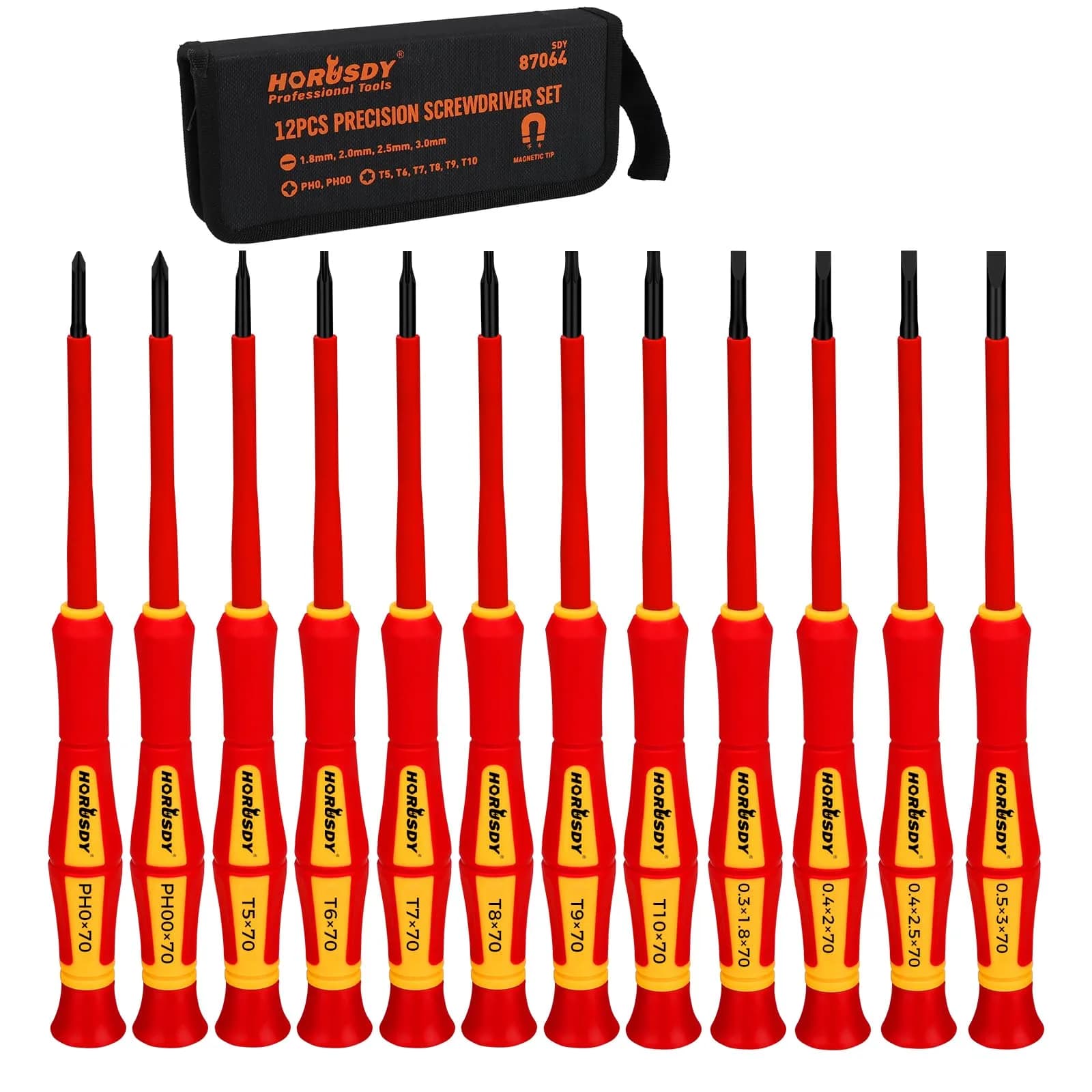 HORUSDY 6-Pieces Magnetic Screwdriver Set, 3 Phillips & 3 Flat Tips, Heat-Treated Cr-V Steel, Black Finish, 75-150mm | Comfort & Precision — 12-Piece Precision Screwdriver Set