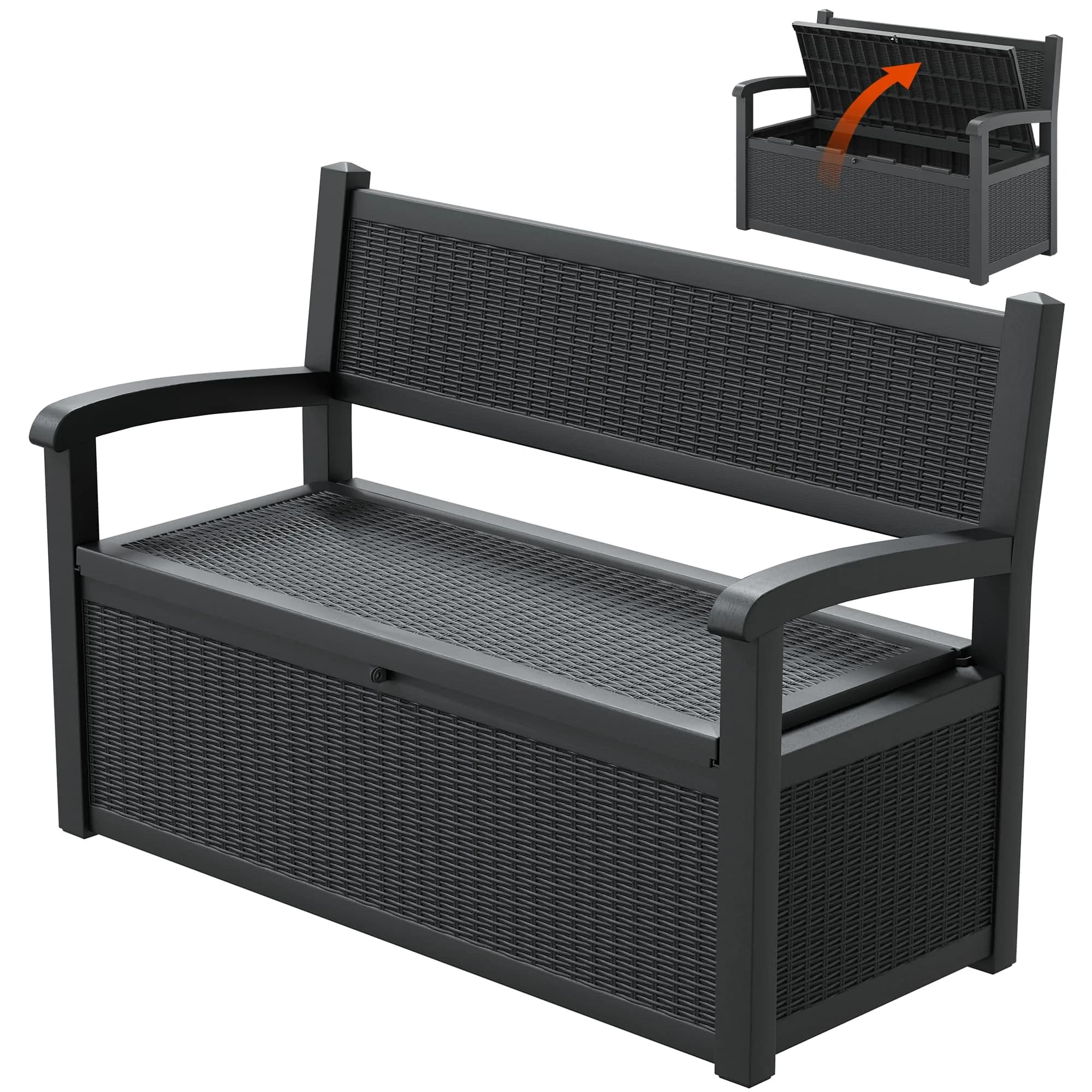 LHBcraft 70 Gallon Lockable Outdoor Storage Bench Waterproof | Heavy-Duty Garden & Patio Seat — Black-70gal