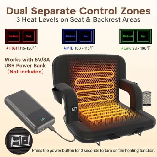 DEKEMASTER 23'' Heated Stadium Seat for Bleachers with Back Support | Portable, 3 Heat Levels, 6 Reclining Positions, Waterproof & Supportive (70-120 chars) thumbnail 4