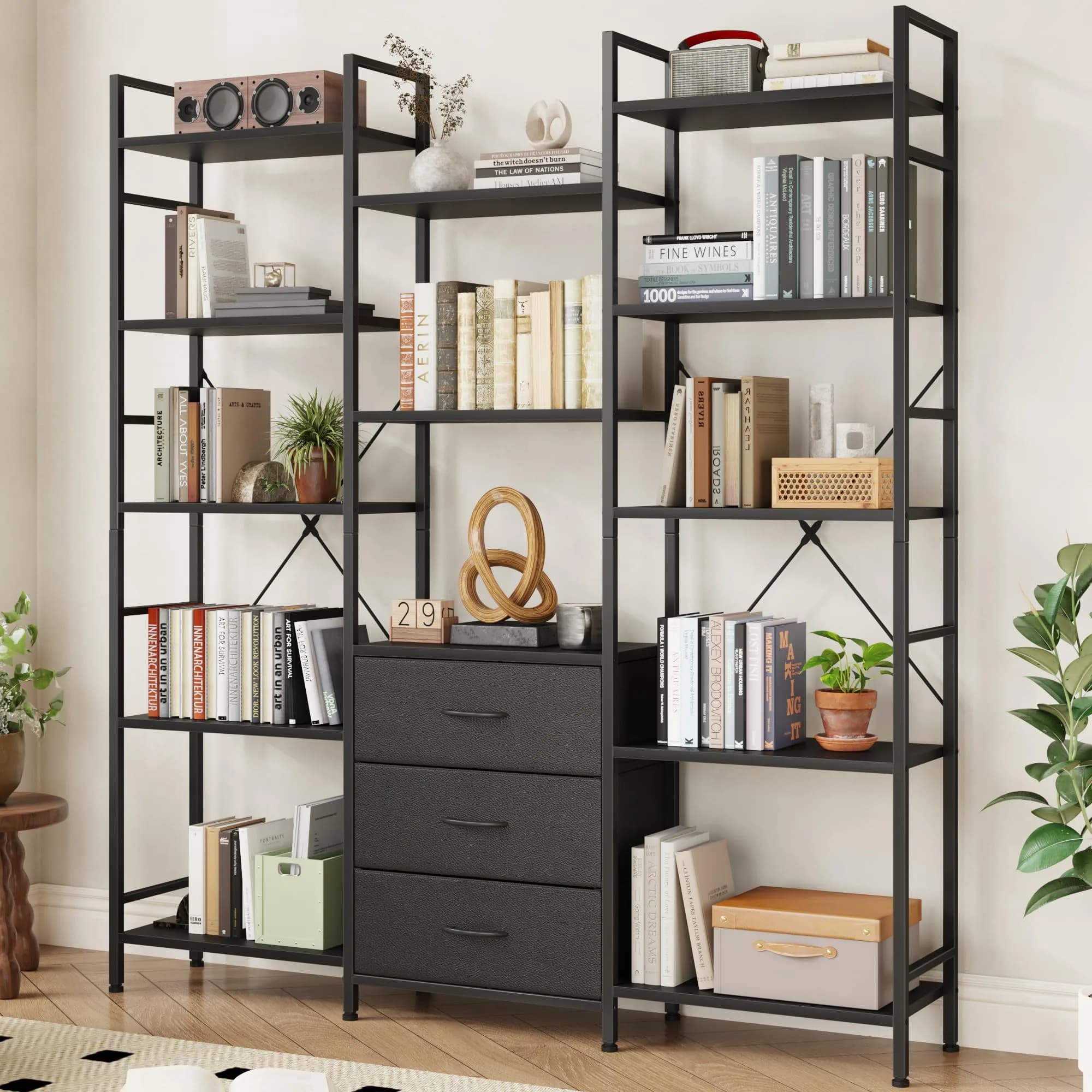 AFLUI Triple Bookshelf with 3 Fabric Drawers | 5-Tier Book Shelf & 10 Display Shelves, Black, 47'' Wide