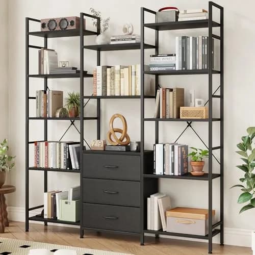 AFLUI Triple Bookshelf with 3 Fabric Drawers | 5-Tier Book Shelf & 10 Display Shelves, Black, 47'' Wide thumbnail 1