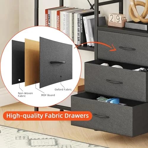 AFLUI Triple Bookshelf with 3 Fabric Drawers | 5-Tier Book Shelf & 10 Display Shelves, Black, 47'' Wide thumbnail 4