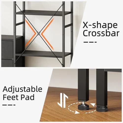 AFLUI Triple Bookshelf with 3 Fabric Drawers | 5-Tier Book Shelf & 10 Display Shelves, Black, 47'' Wide thumbnail 5