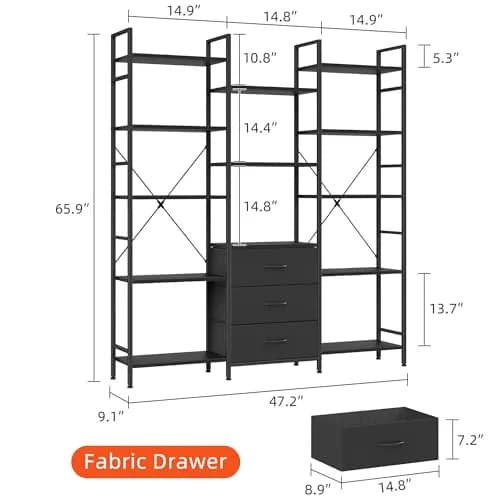 AFLUI Triple Bookshelf with 3 Fabric Drawers | 5-Tier Book Shelf & 10 Display Shelves, Black, 47'' Wide thumbnail 7