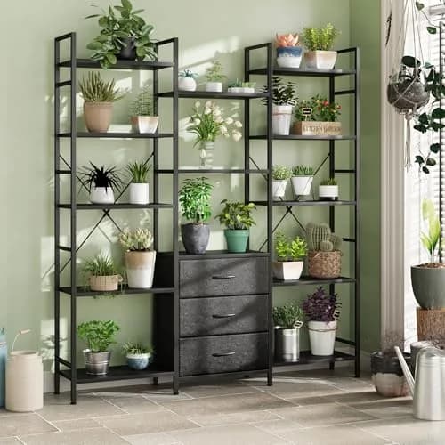 AFLUI Triple Bookshelf with 3 Fabric Drawers | 5-Tier Book Shelf & 10 Display Shelves, Black, 47'' Wide thumbnail 8