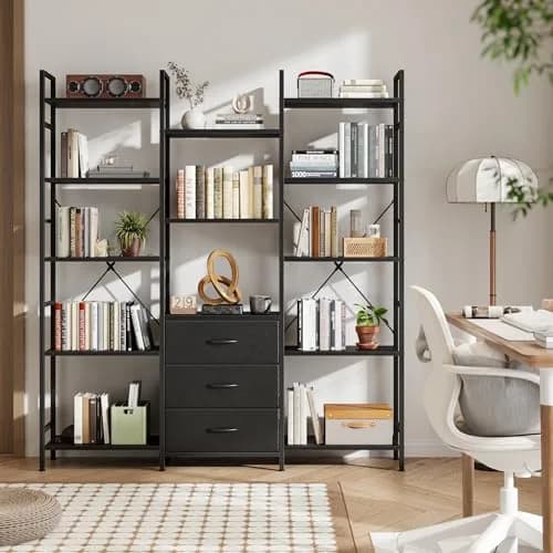 AFLUI Triple Bookshelf with 3 Fabric Drawers | 5-Tier Book Shelf & 10 Display Shelves, Black, 47'' Wide thumbnail 9