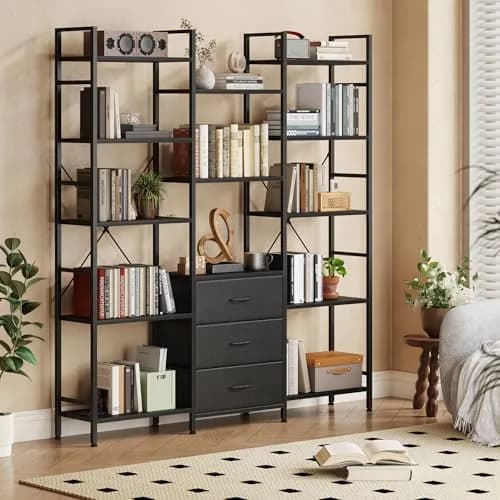 AFLUI Triple Bookshelf with 3 Fabric Drawers | 5-Tier Book Shelf & 10 Display Shelves, Black, 47'' Wide thumbnail 2