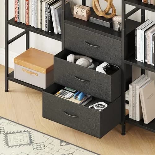 AFLUI Triple Bookshelf with 3 Fabric Drawers | 5-Tier Book Shelf & 10 Display Shelves, Black, 47'' Wide thumbnail 3