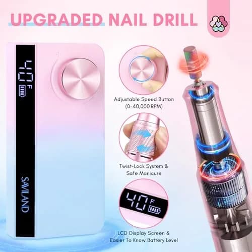 SAVILAND Advance Nail Drill Professional 40000 RPM Cordless Electric File with 13 Bits & 56 Sanding Bands | For Acrylic Nails thumbnail 6