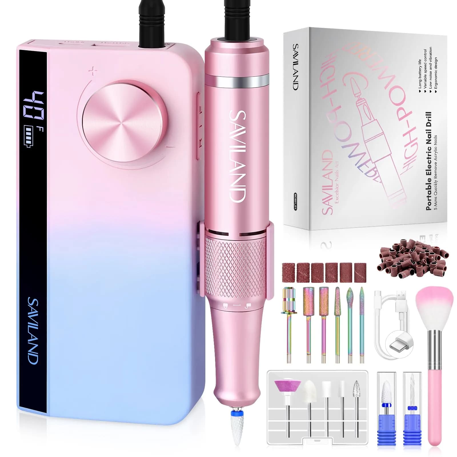SAVILAND Advance Nail Drill Professional 40000 RPM Cordless Electric File with 13 Bits & 56 Sanding Bands | For Acrylic Nails - main product image