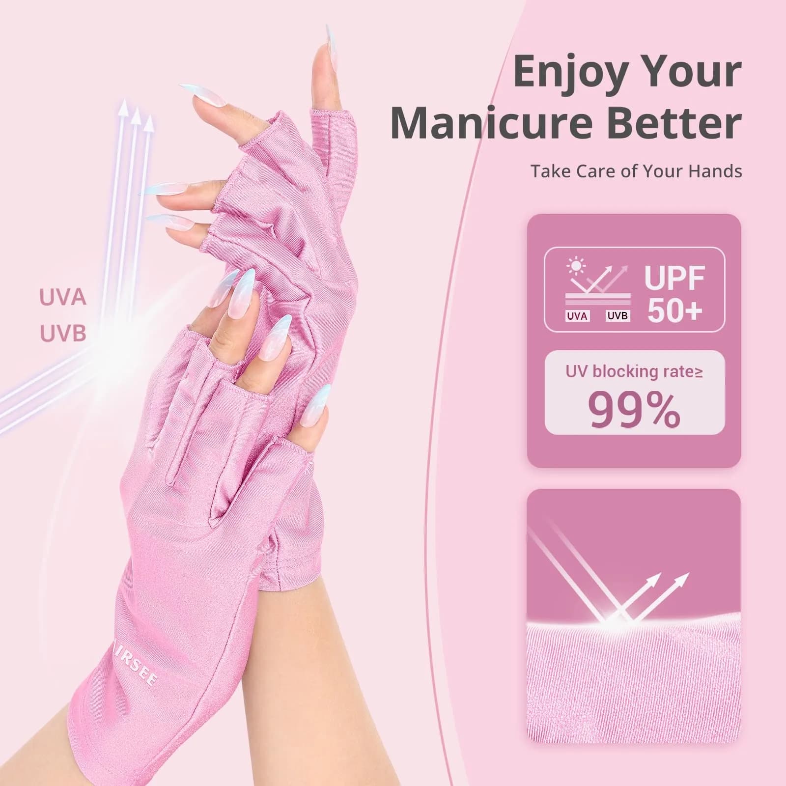 AIRSEE UV Protection Gloves for Nail Lamp, Fingerless, Light Pink | UPF50+ Shield - view 2