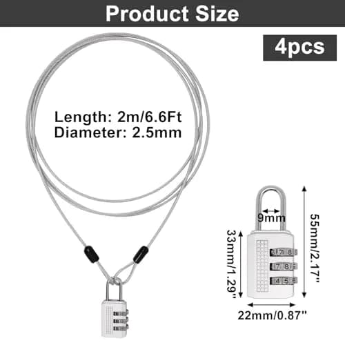 ZHMEINA Steel Cable Lock 6.6Ft Silver | Double Loop Security Cable for Bike & Luggage thumbnail 2