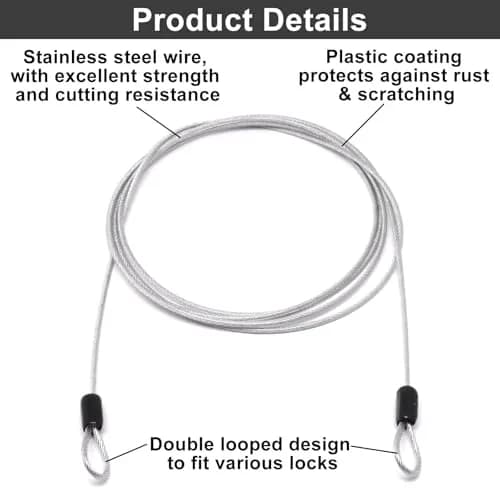 ZHMEINA Steel Cable Lock 6.6Ft Silver | Double Loop Security Cable for Bike & Luggage thumbnail 3