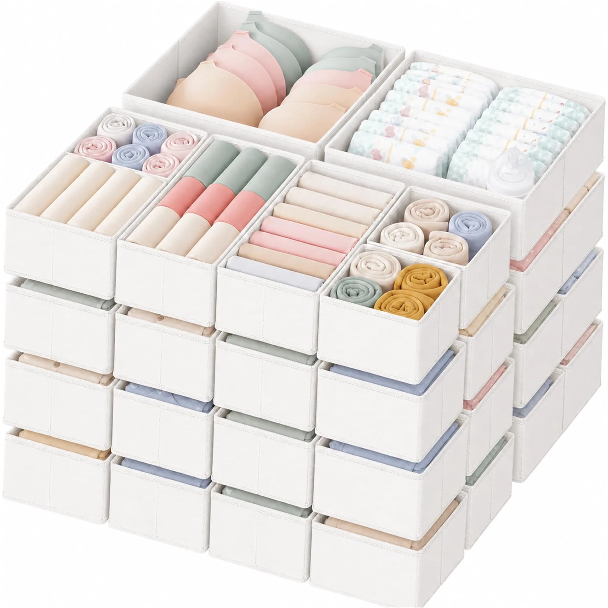 Criusia White 14 Pack Drawer Organizer Caddy | Lightweight Foldable Closet Storage Dividers for Baby Clothes, Underwear, Socks — 24-Pack