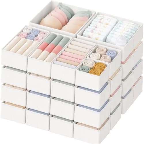 Criusia 24 Pack Drawer Organizer Bins for Baby Clothes, Underwear, Socks | 28cm (11") x 11cm (11") x 10cm (4") White thumbnail 1