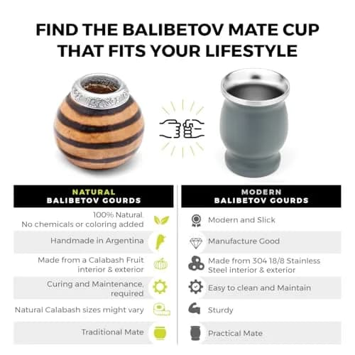 BALIBETOV Natural Yerba Mate Gourd Set 210ml (7 fl oz) | Authentic Handmade Cup from Argentina with Bombilla & Brush thumbnail 5