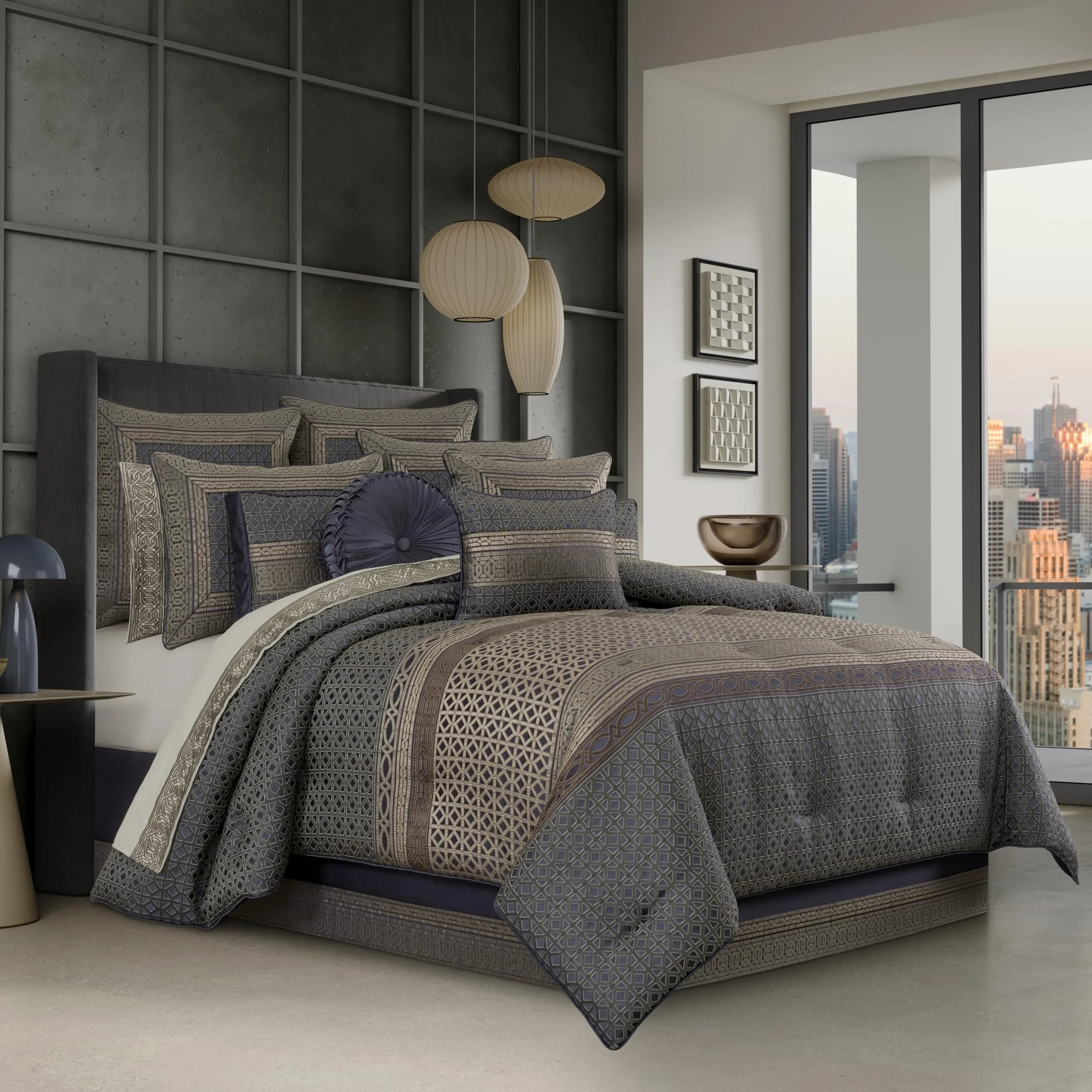 J. Queen New York Avelyn Slate Queen Comforter Set 4 Pieces | Luxurious Geometric Design