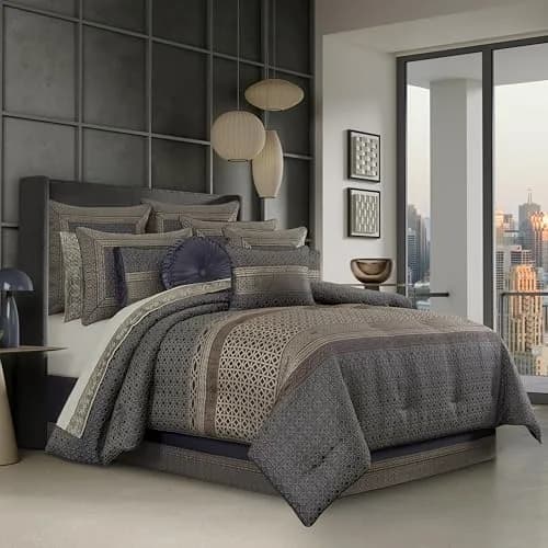 J. Queen New York Avelyn Slate Queen Comforter Set 4 Pieces | Luxurious Geometric Design thumbnail 1