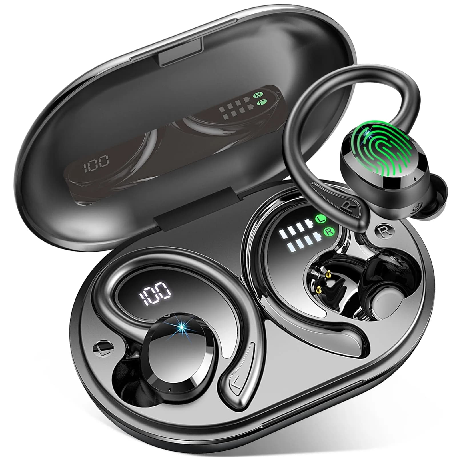 Rulefiss Wireless Earbuds Sport, Bluetooth 5.4 Headphones with Earhook, 56Hrs Playtime, IPX7 Waterproof | Hi-Fi Stereo Sound — A-Bright Black