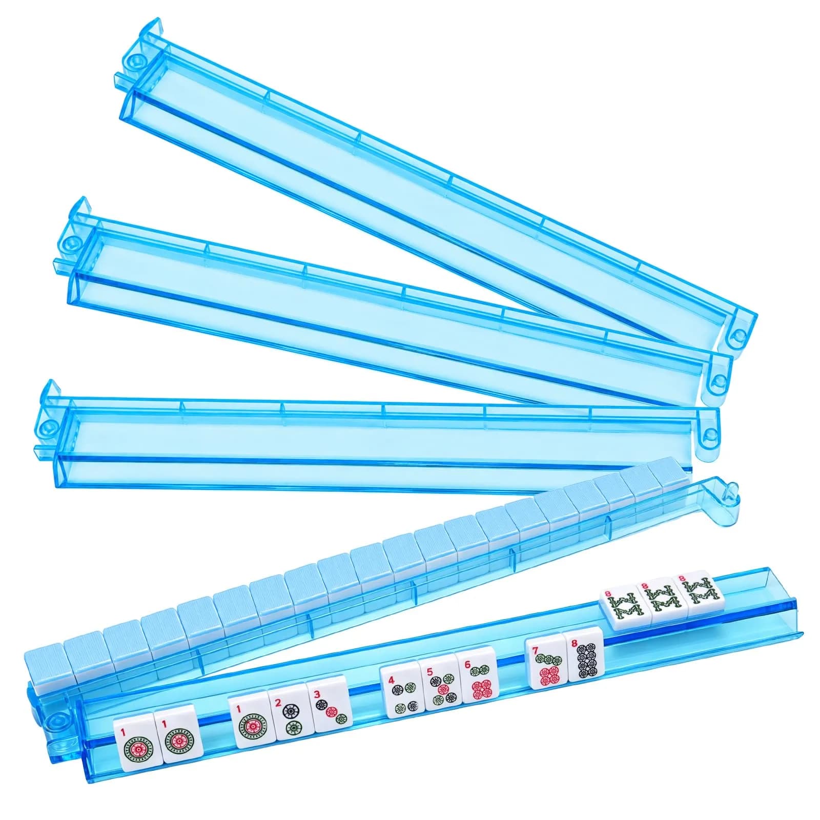 CAYOULR Blue Mahjong Racks with Pushers Set of 4 Clear Acrylic Holders | ASTM-Tested for Kids 3-6 — Blue