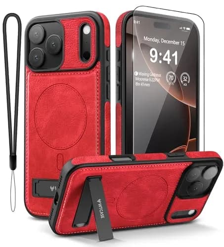 WTCASE Magnetic for iPhone 17 Pro Leather Case | Slim Protective Leather Cover with Built-in Kickstand, MagSafe Compatible, Red thumbnail 1