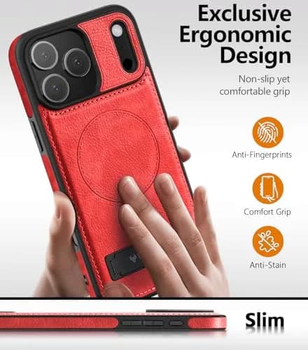 WTCASE Magnetic for iPhone 17 Pro Leather Case | Slim Protective Leather Cover with Built-in Kickstand, MagSafe Compatible, Red thumbnail 5