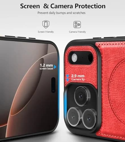WTCASE Magnetic for iPhone 17 Pro Leather Case | Slim Protective Leather Cover with Built-in Kickstand, MagSafe Compatible, Red thumbnail 6