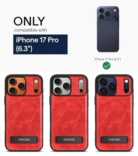 WTCASE Magnetic for iPhone 17 Pro Leather Case | Slim Protective Leather Cover with Built-in Kickstand, MagSafe Compatible, Red thumbnail 2