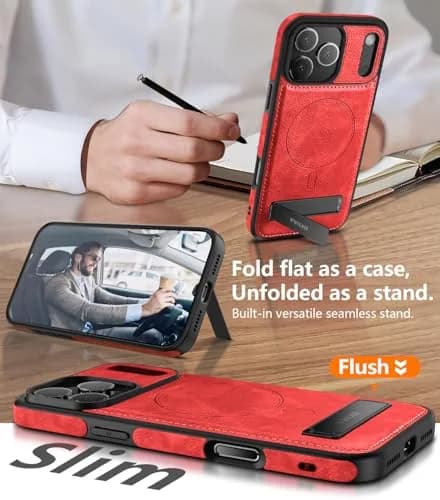 WTCASE Magnetic for iPhone 17 Pro Leather Case | Slim Protective Leather Cover with Built-in Kickstand, MagSafe Compatible, Red thumbnail 3