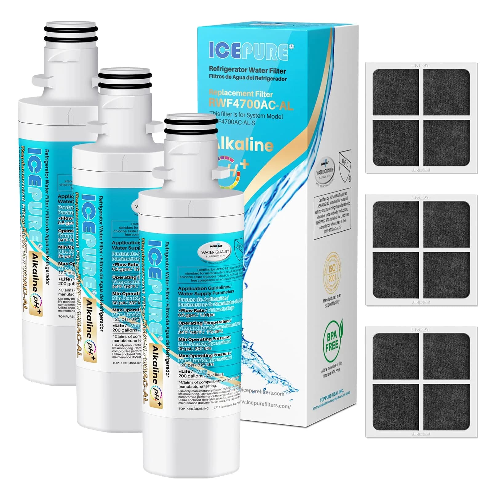 ICEPURE Alkaline LT1000PC Refrigerator Water Filter & Air Filter Combo (3+3 Count) | Enhances PH, Balances Minerals - main product image