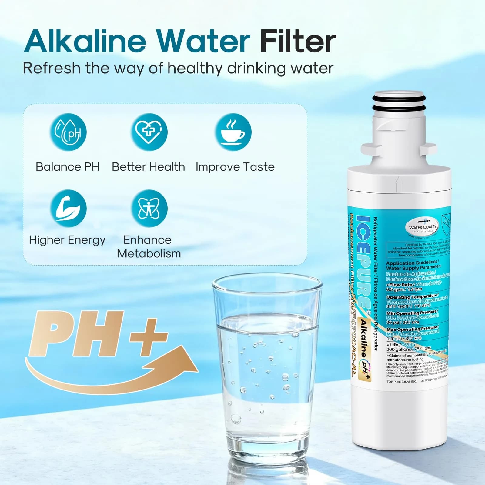 ICEPURE Alkaline LT1000PC Refrigerator Water Filter & Air Filter Combo (3+3 Count) | Enhances PH, Balances Minerals - view 4