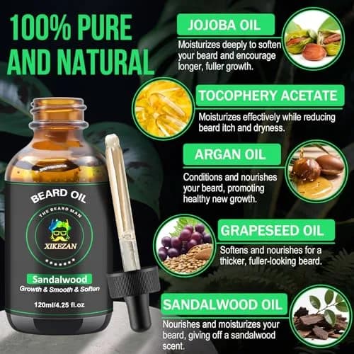 XIKEZAN Sandalwood Beard Oil 120ml (4.25 Fl Oz) | Natural Beard Growth Oil for Men thumbnail 3
