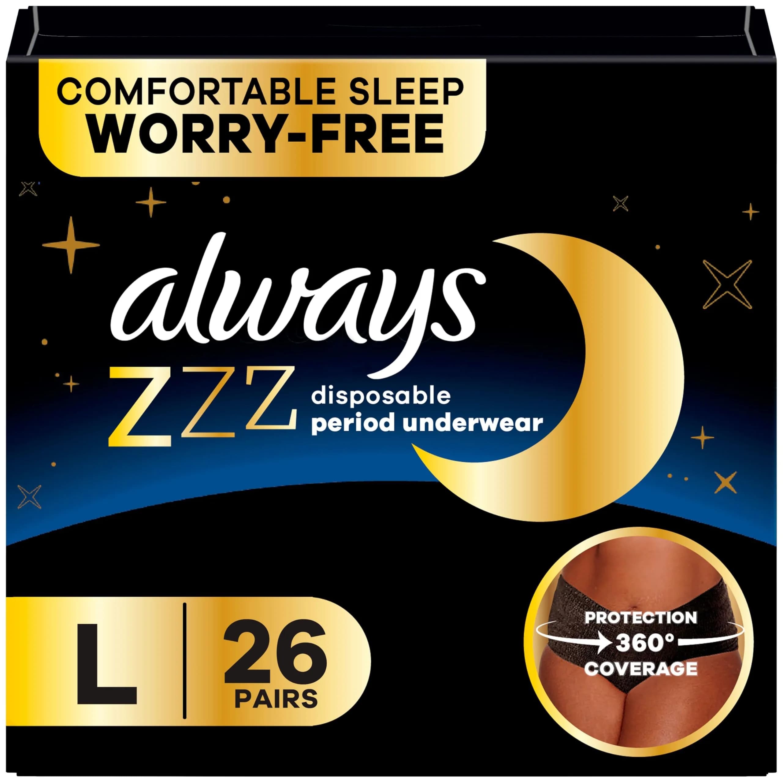 Always ZZZ Overnight Disposable Period Underwear for Women, Large, 14 Count | 360° Leak Protection — Large