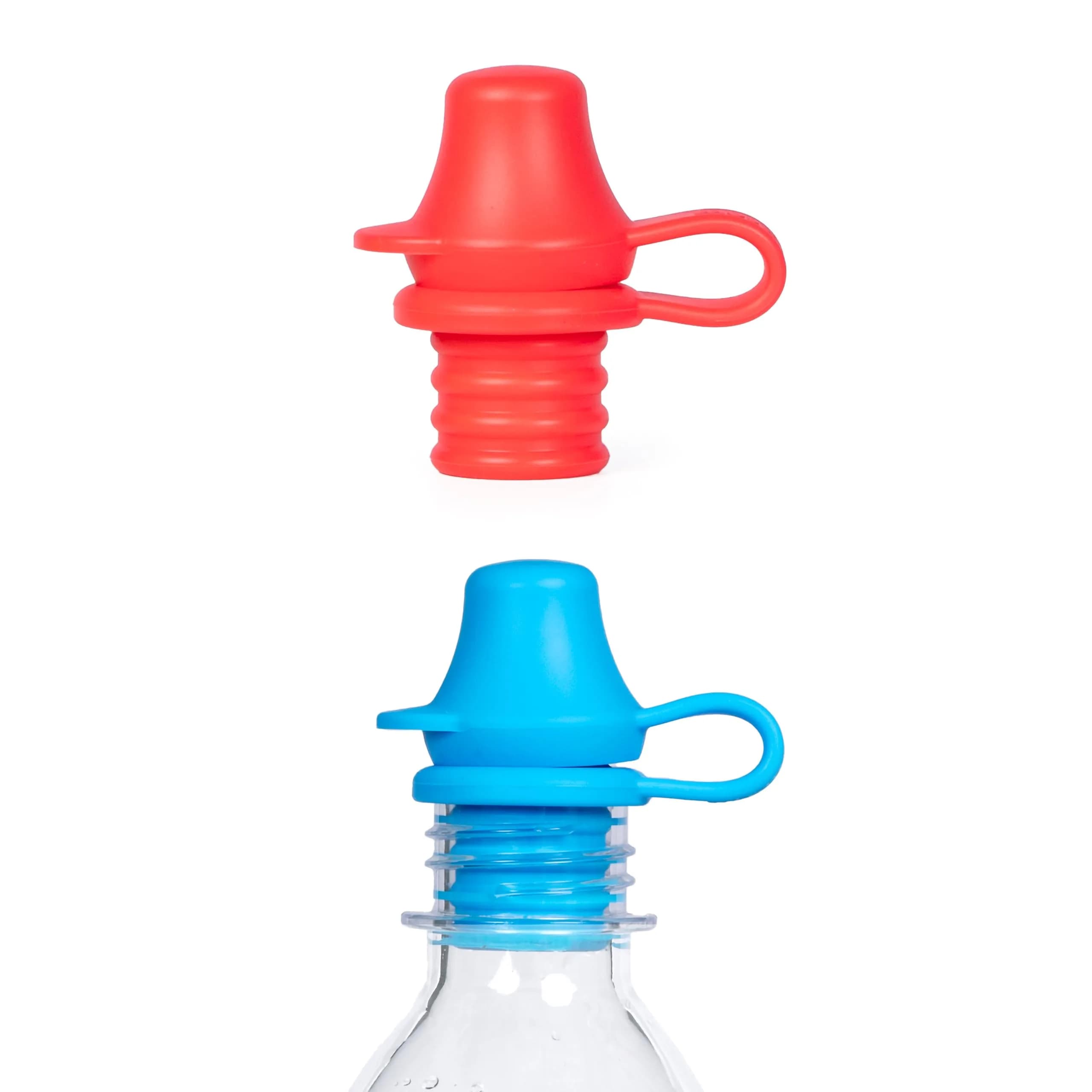 KIDDIKAP Silicone Bottle Topper 2 Pack Fits 28mm | Spill-Proof, Reusable & Dishwasher Safe — Red, Blue