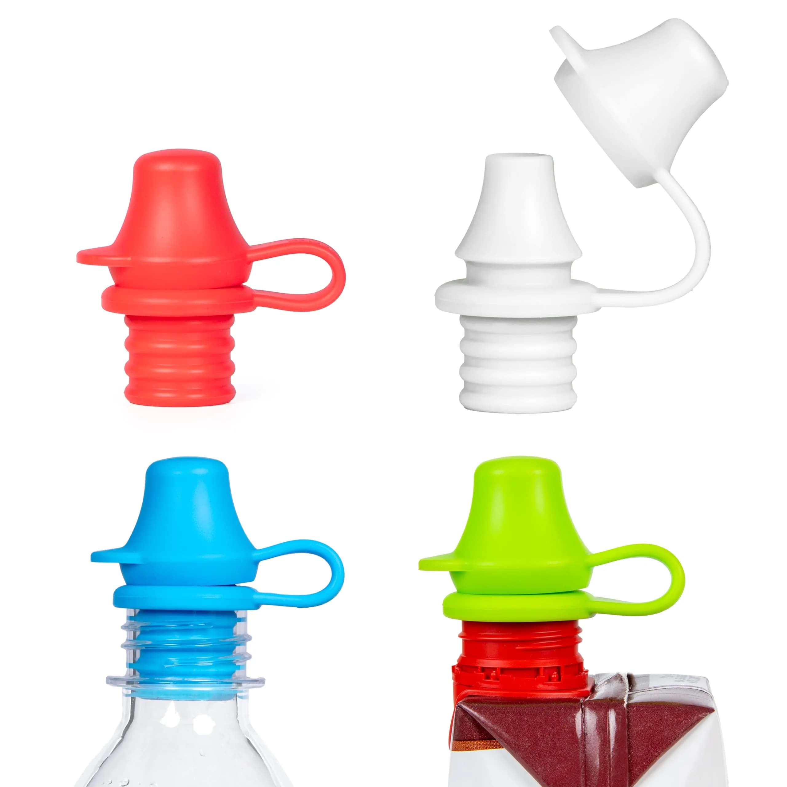 KIDDIKAP Bottle Topper Silicone Sippy Spout 4 Pack Fits 28mm | Spill-Proof, Reusable, Dishwasher Safe — Blue, Green, Red, White